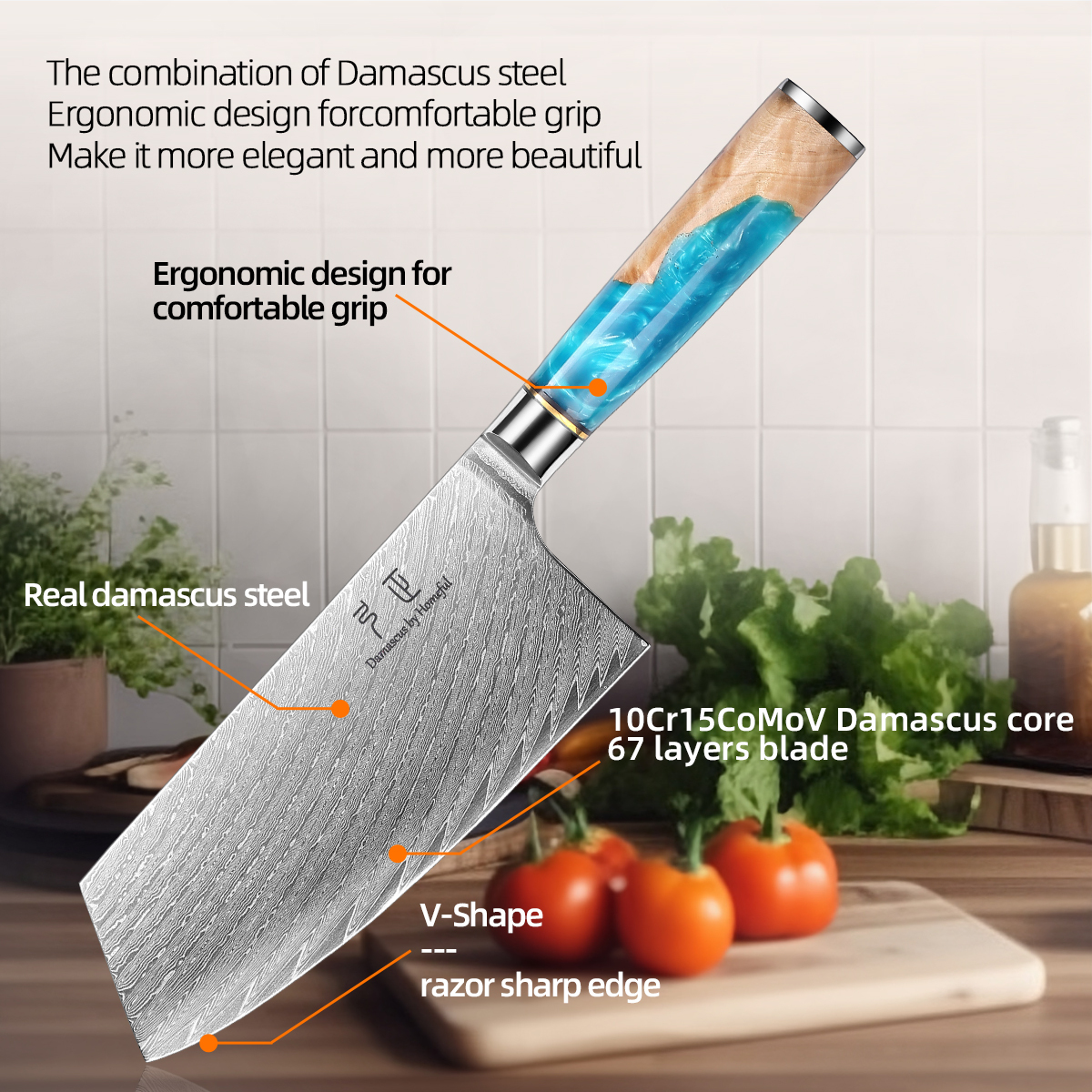 7'' Damascus Burl Wood mixed with Resin handle Cleaver Knife