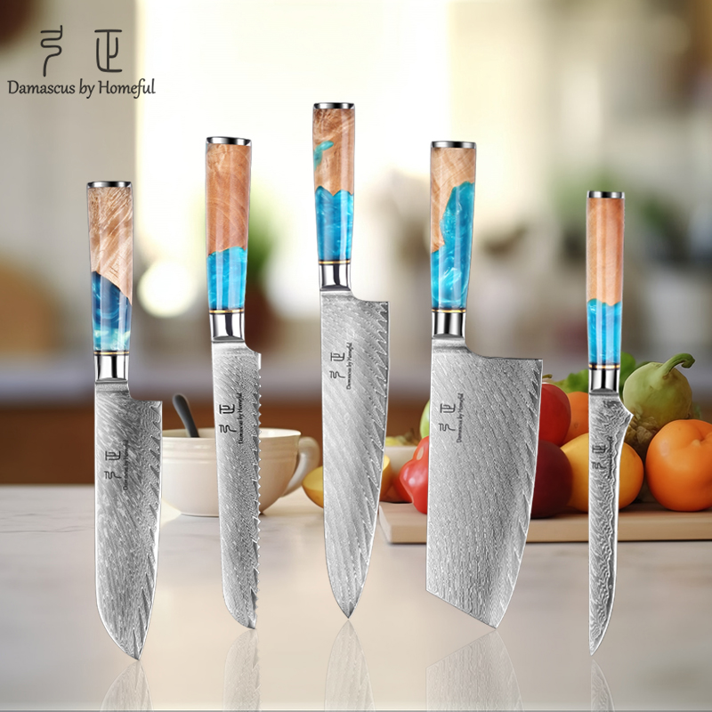 7'' Damascus Burl Wood mixed with Resin handle Cleaver Knife