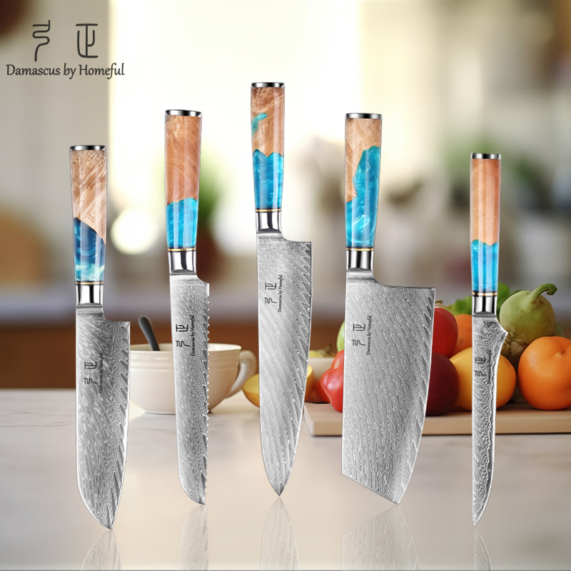 7'' Damascus Burl Wood mixed with Resin handle Cleaver Knife