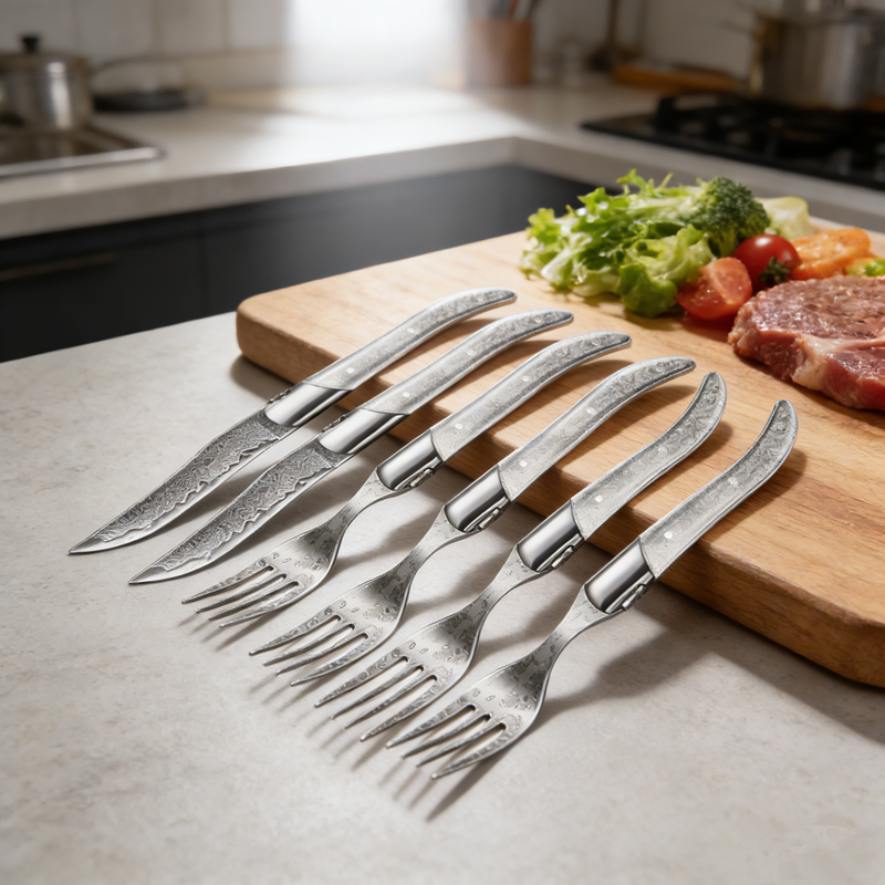 Homeful Damascus Pattern Laguiole 6 pieces Steak Knife and Fork Set