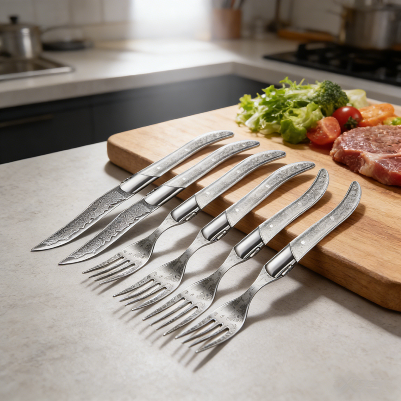 Homeful Damascus Pattern Laguiole 6 pieces Steak Knife and Fork Set