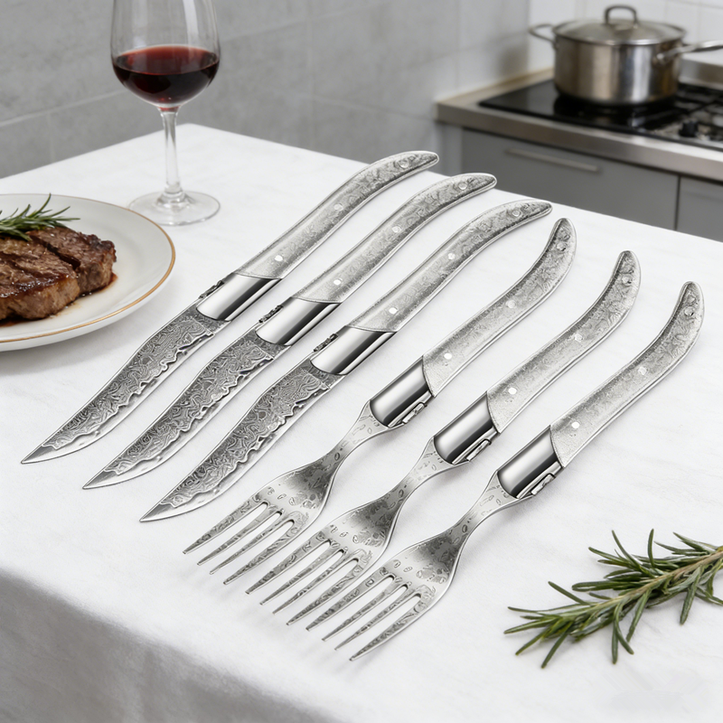 Homeful Damascus Pattern Laguiole 6 pieces Steak Knife and Fork Set