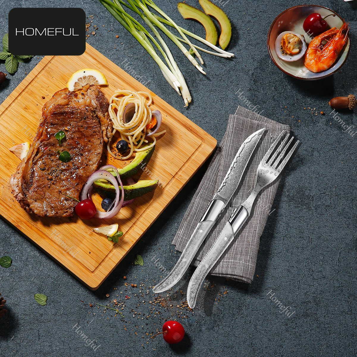 Homeful Damascus Pattern Laguiole 6 pieces Steak Knife and Fork Set