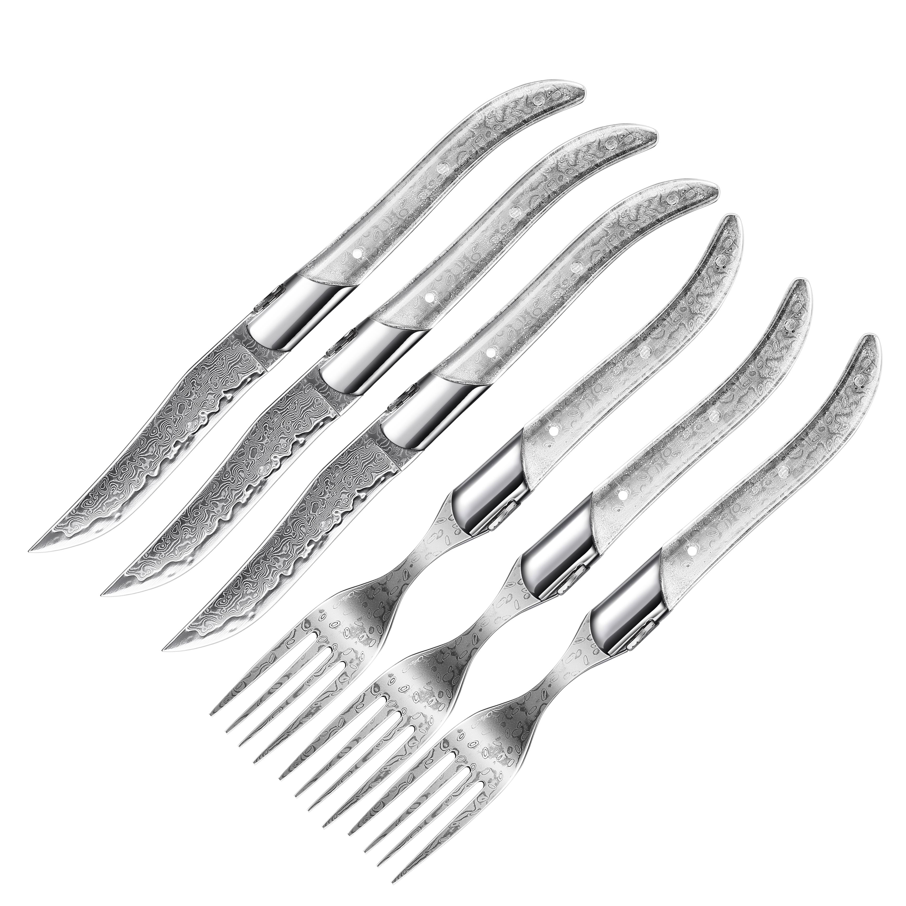 Homeful Damascus Pattern Laguiole 6 pieces Steak Knife and Fork Set