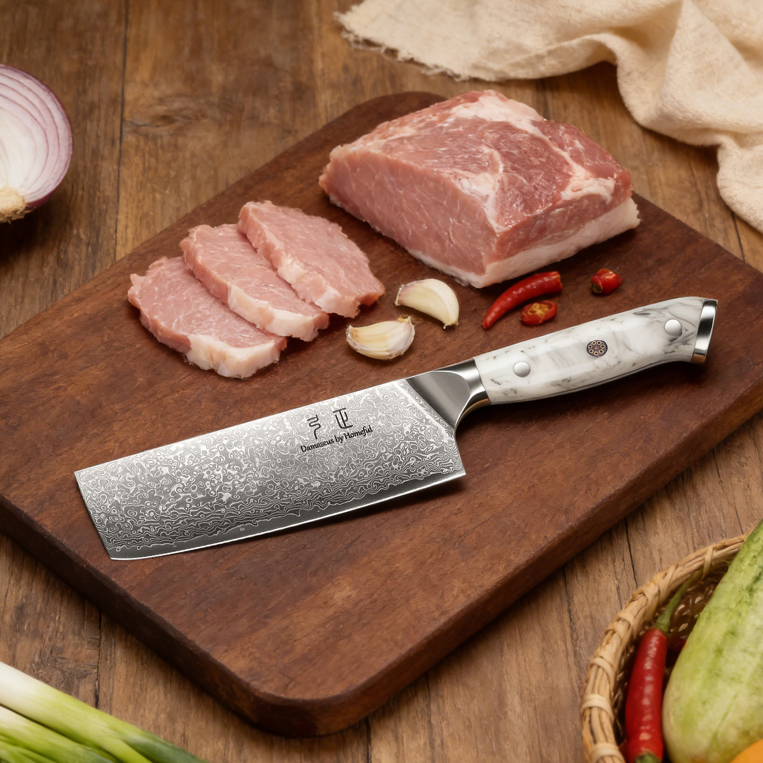 2pcs Damascus Steel Utility Knife and Japanese Nakiri Knife