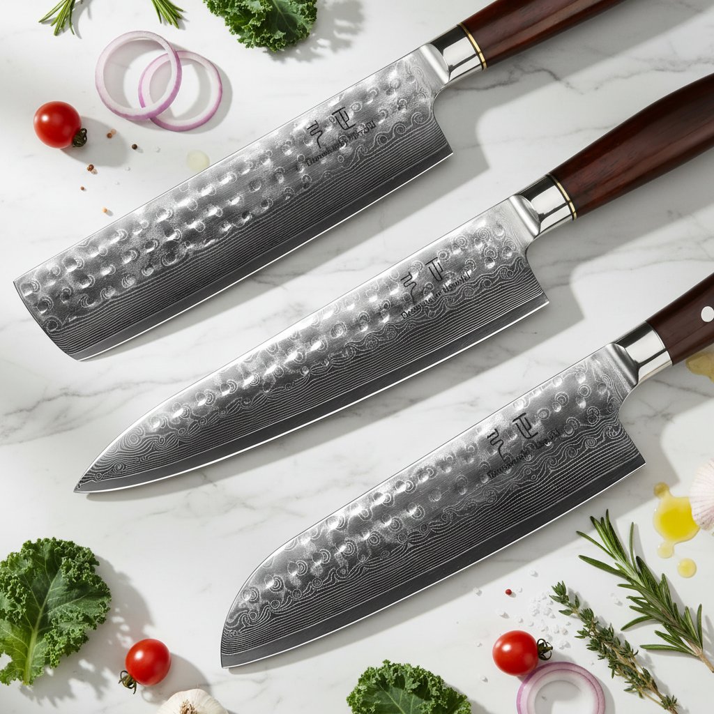Homeful Damascus Knife Set with Wooden Handle