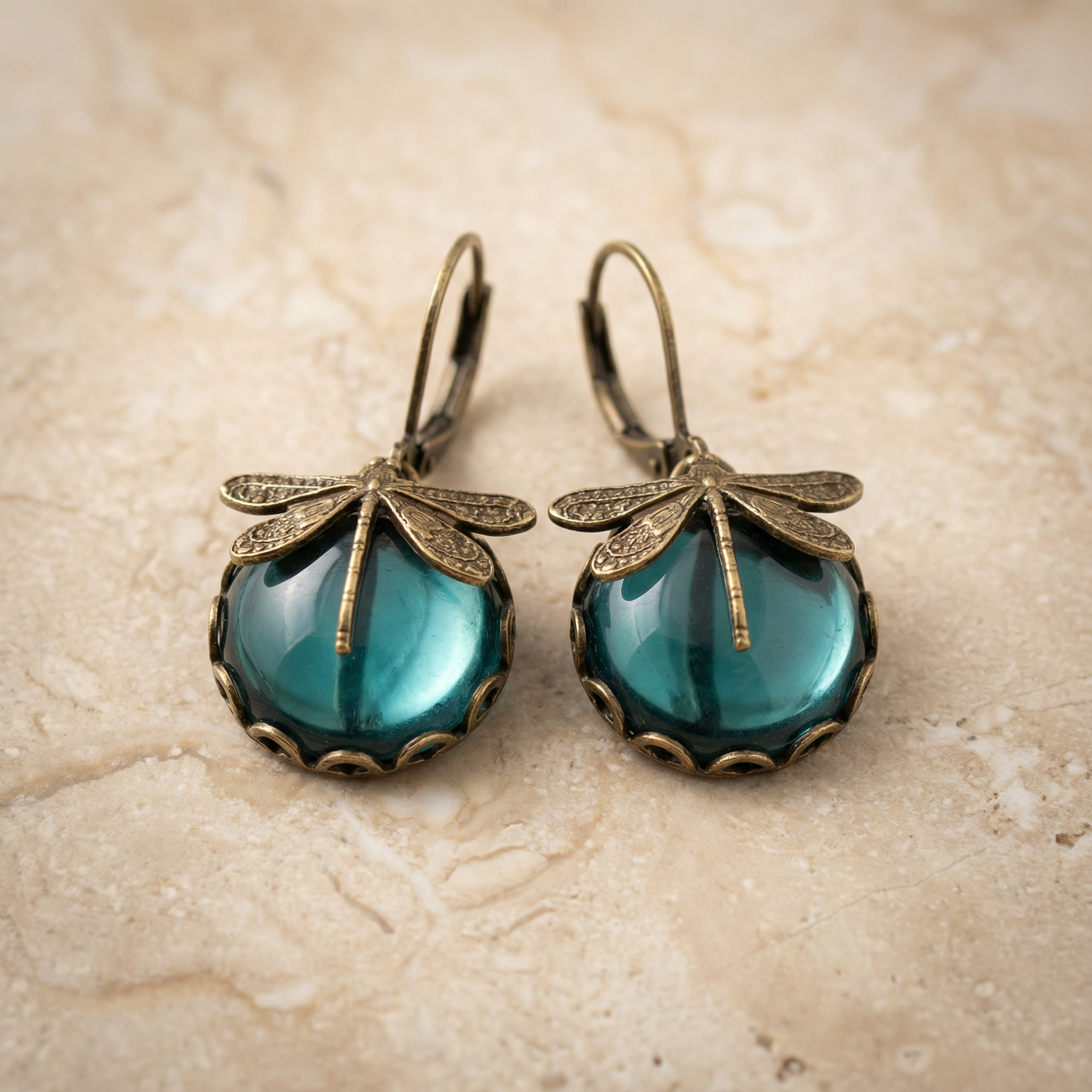Spherical Dragonfly Earrings in Antique Gold
