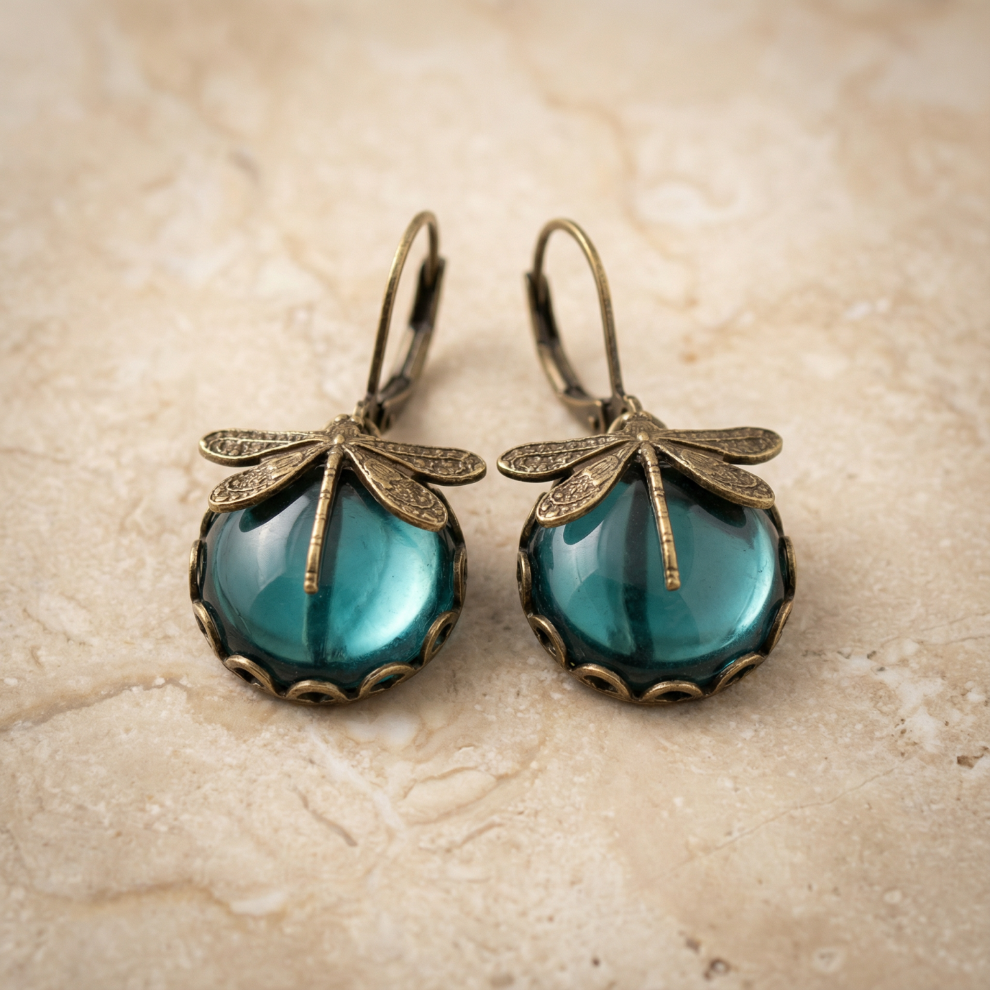 Spherical Dragonfly Earrings in Antique Gold