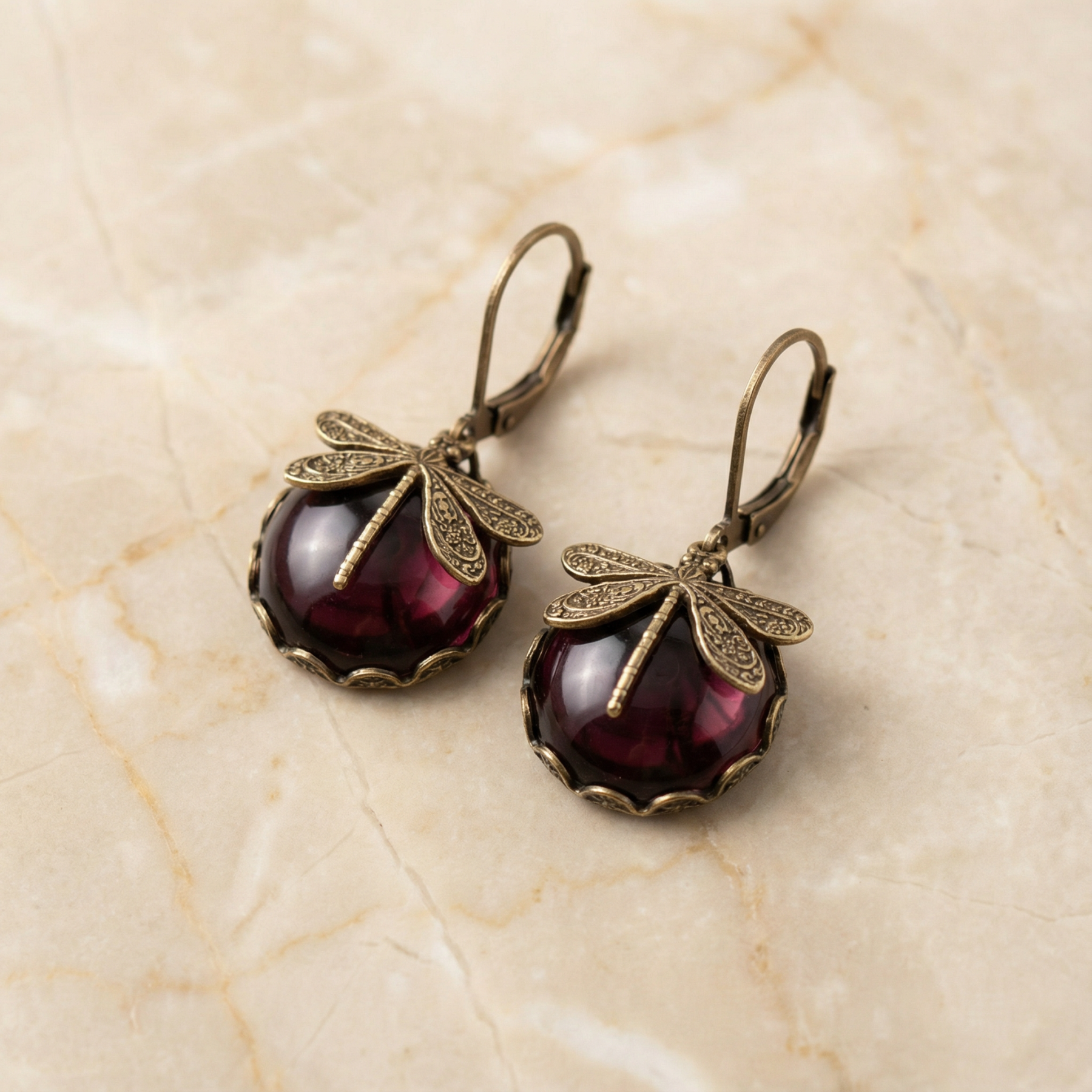 Spherical Dragonfly Earrings in Antique Gold