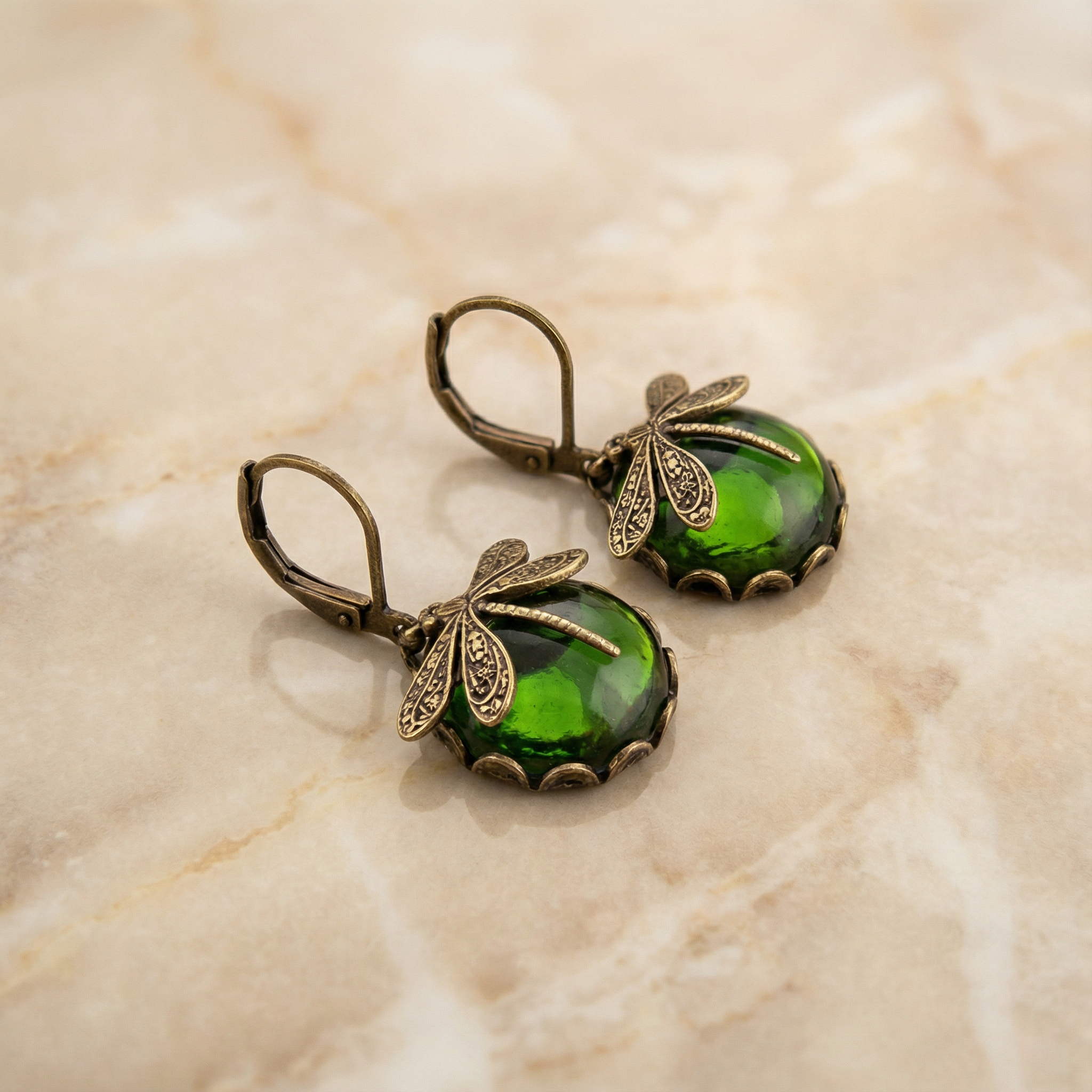 Spherical Dragonfly Earrings in Antique Gold