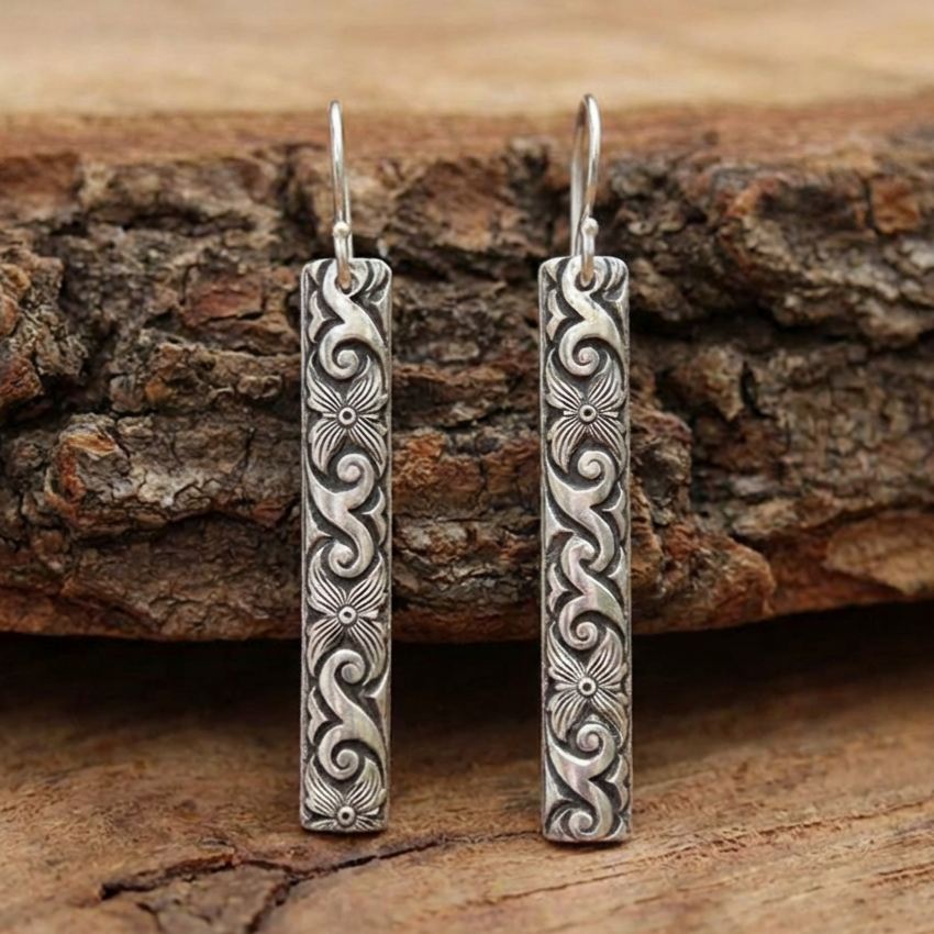 Rectangular Boho Earrings in Sterling Silver
