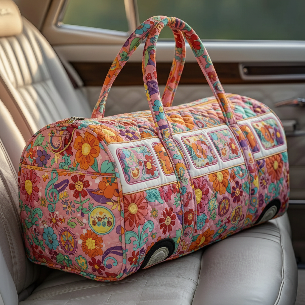 【Sunset Sonata】 Retro Pink Bus - Hippie-style Woven Travel Bag