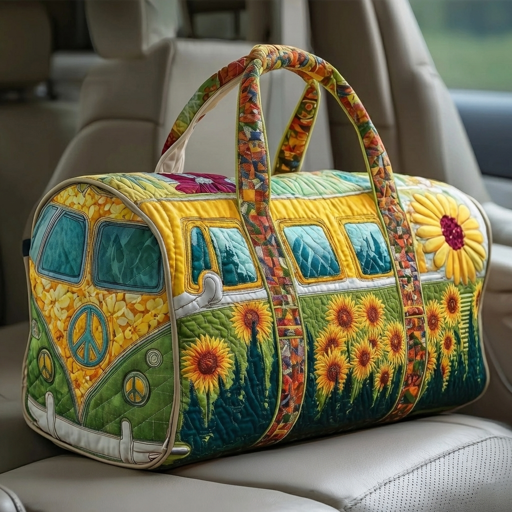 "Growing towards the Sun" - Classic Green Bus - Retro Boston Patchwork Travel Bag