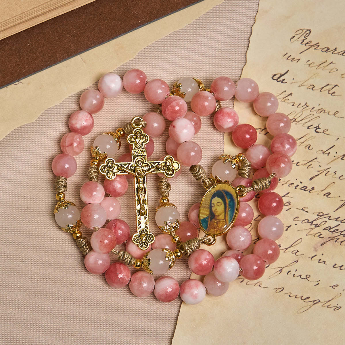  Handmade Pink Persian Jade Rosary with Brass Crucifix and Our Lady Charm