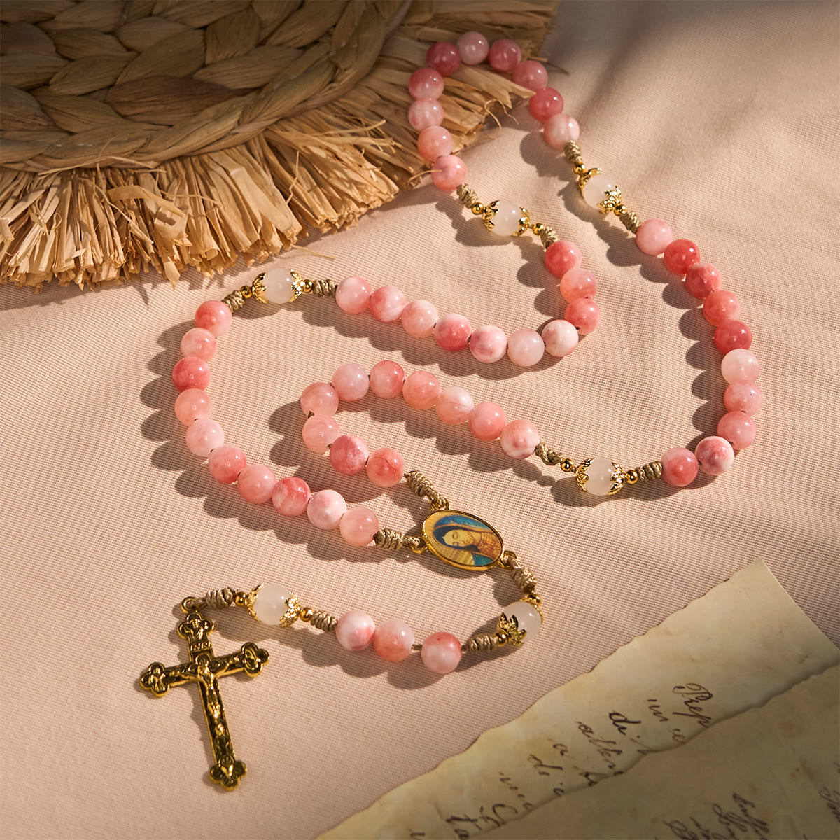  Handmade Pink Persian Jade Rosary with Brass Crucifix and Our Lady Charm