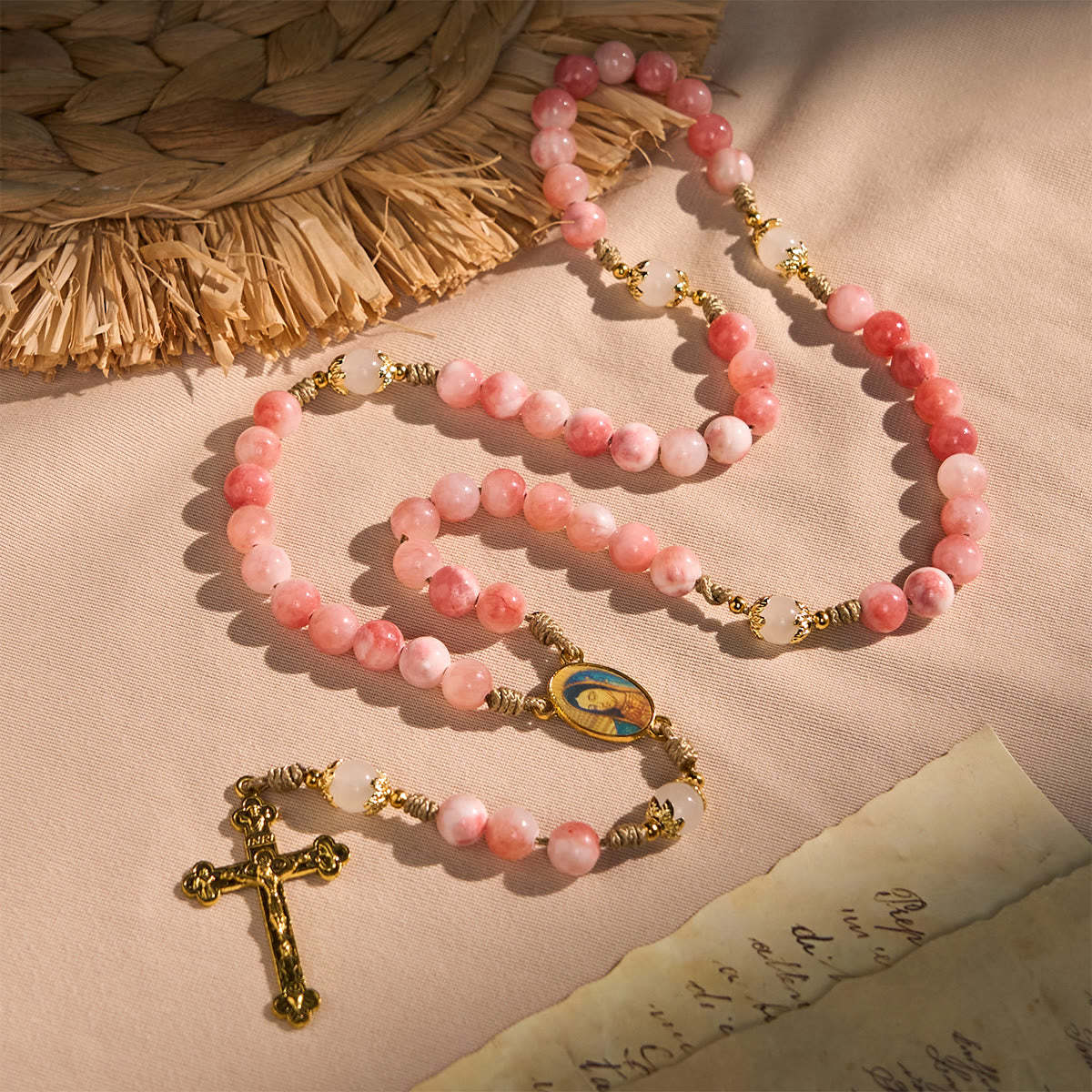  Handmade Pink Persian Jade Rosary with Brass Crucifix and Our Lady Charm