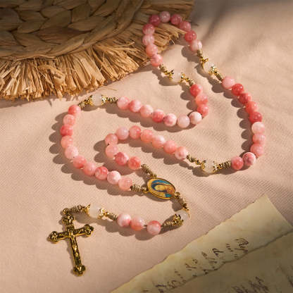  Handmade Pink Persian Jade Rosary with Brass Crucifix and Our Lady Charm