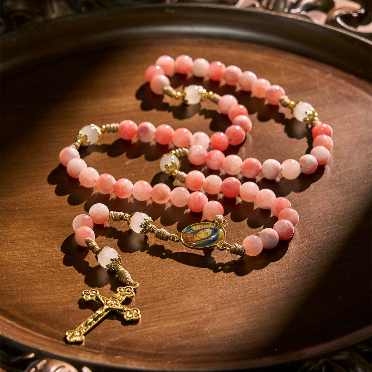  Handmade Pink Persian Jade Rosary with Brass Crucifix and Our Lady Charm