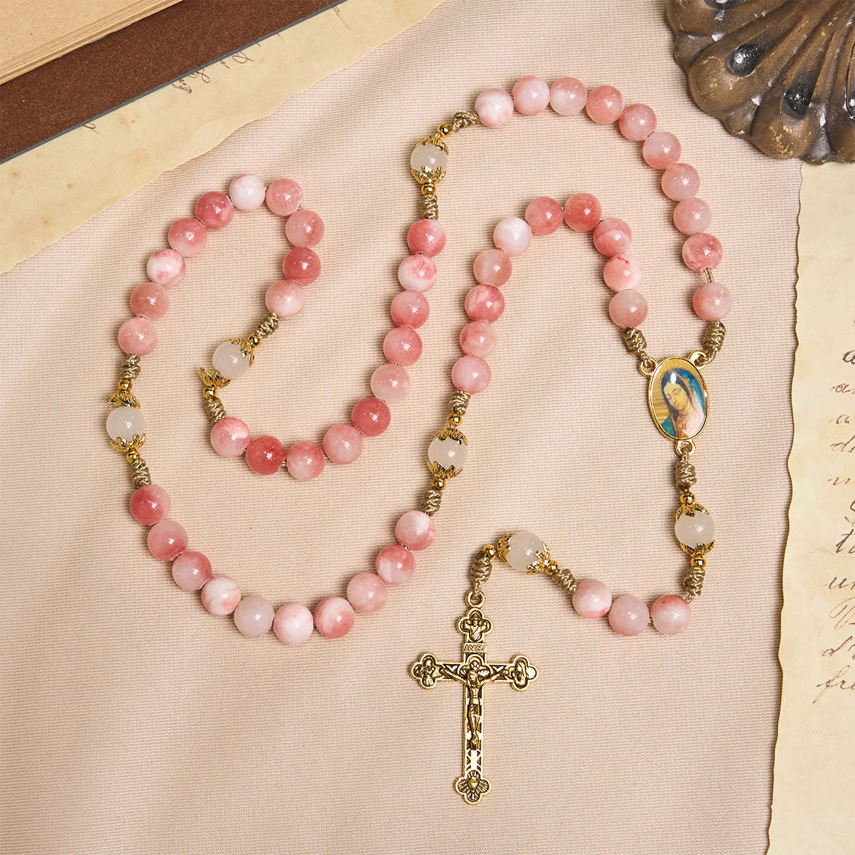 FREE Today: Handmade Pink Persian Jade Rosary with Brass Crucifix and Our Lady Charm