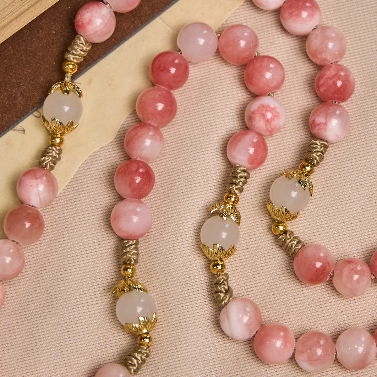  Handmade Pink Persian Jade Rosary with Brass Crucifix and Our Lady Charm