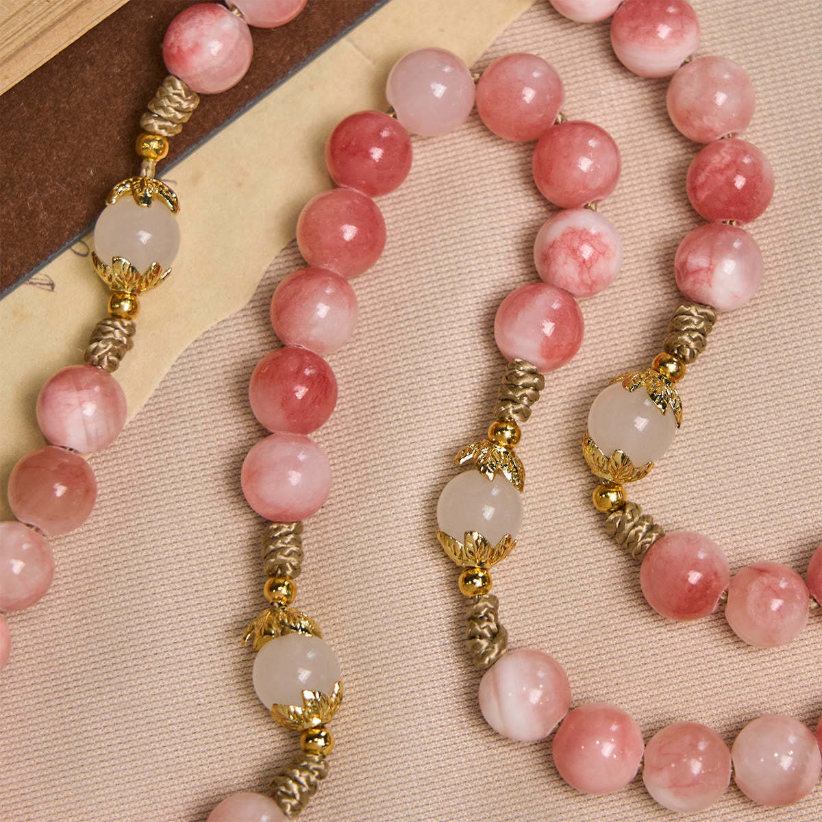  Handmade Pink Persian Jade Rosary with Brass Crucifix and Our Lady Charm