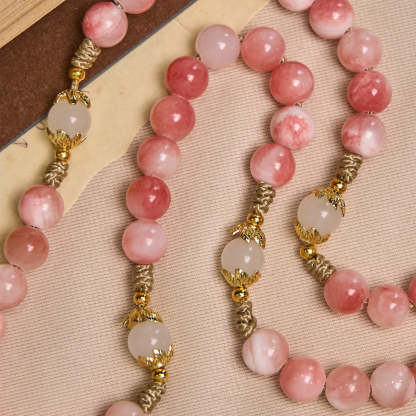  Handmade Pink Persian Jade Rosary with Brass Crucifix and Our Lady Charm
