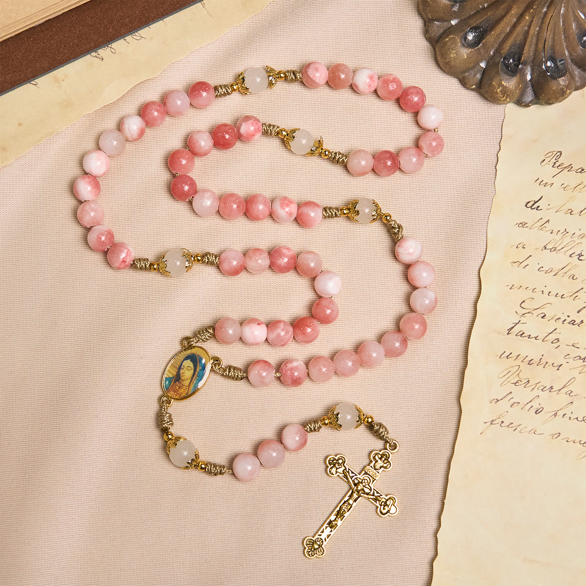  Handmade Pink Persian Jade Rosary with Brass Crucifix and Our Lady Charm