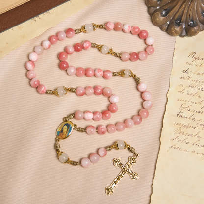  Handmade Pink Persian Jade Rosary with Brass Crucifix and Our Lady Charm