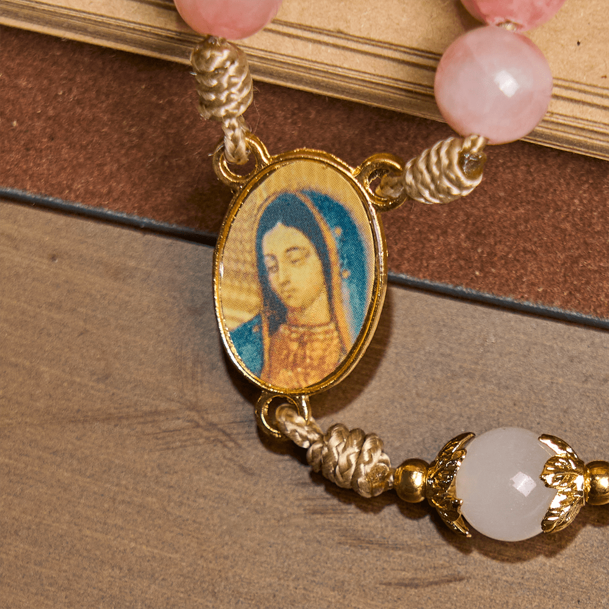  Handmade Pink Persian Jade Rosary with Brass Crucifix and Our Lady Charm