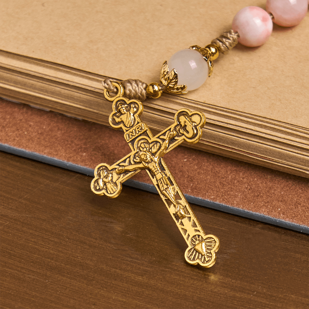  Handmade Pink Persian Jade Rosary with Brass Crucifix and Our Lady Charm
