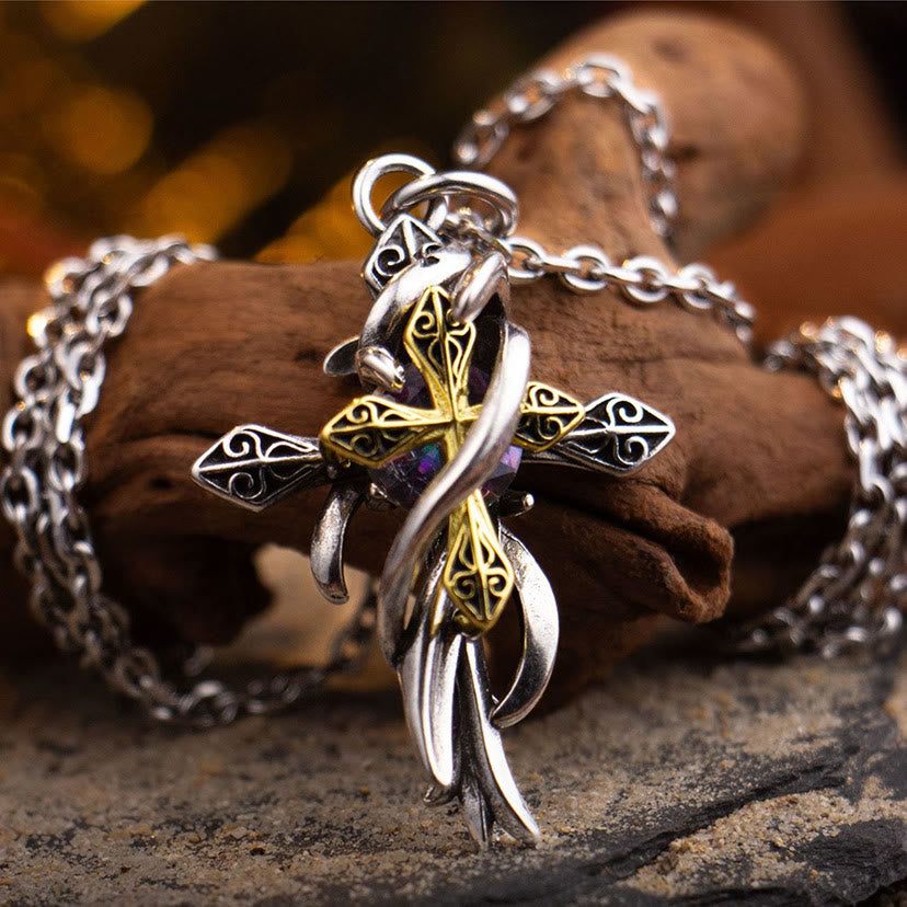  Ornate Scrollwork Cross Necklace Two-Tone Design for Devout Daily Wear