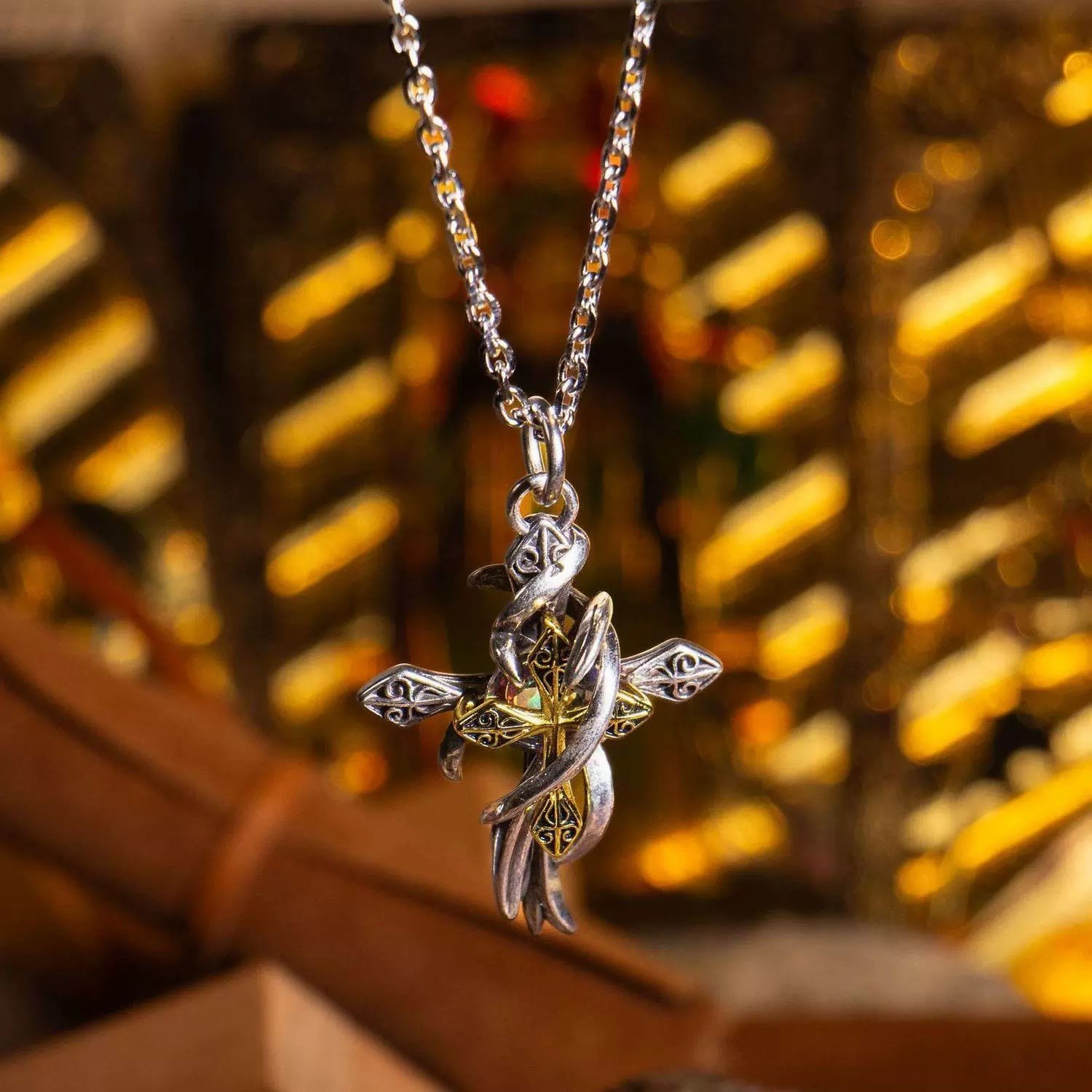  Ornate Scrollwork Cross Necklace Two-Tone Design for Devout Daily Wear