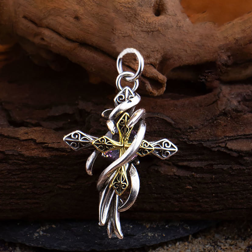  Ornate Scrollwork Cross Necklace Two-Tone Design for Devout Daily Wear