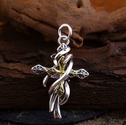  Ornate Scrollwork Cross Necklace Two-Tone Design for Devout Daily Wear