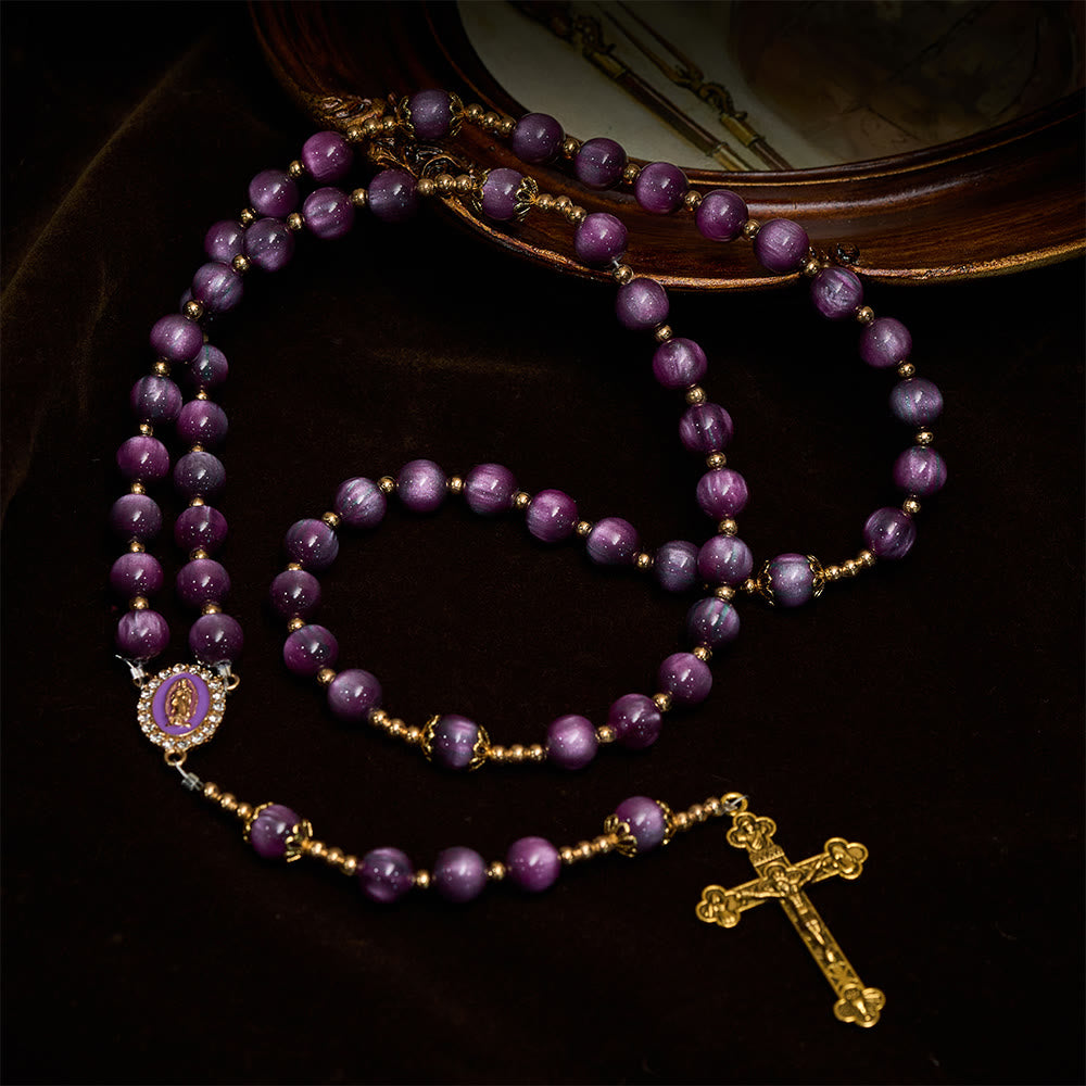  Canvas-Style Shimmery Purple Rosary with Our Lady Gilded Faith Devotion