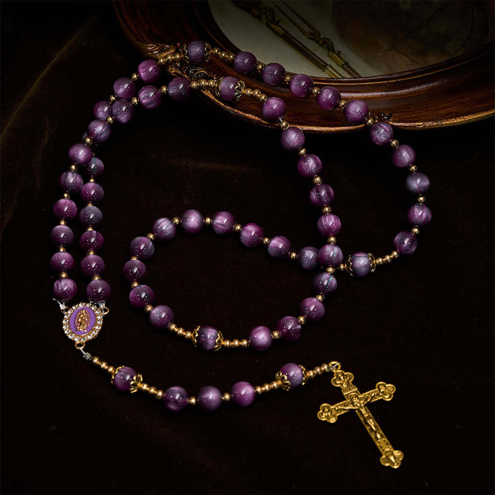  Canvas-Style Shimmery Purple Rosary with Our Lady Gilded Faith Devotion