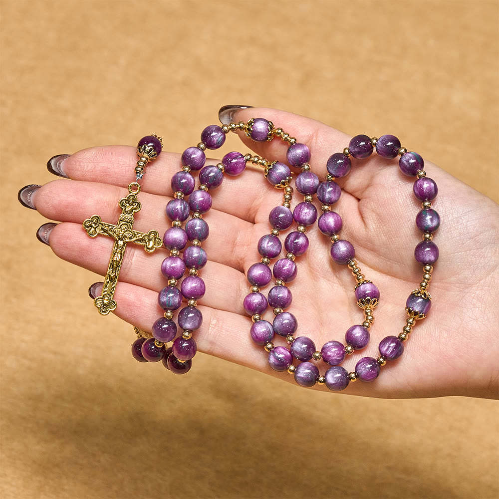  Canvas-Style Shimmery Purple Rosary with Our Lady Gilded Faith Devotion