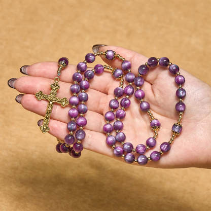  Canvas-Style Shimmery Purple Rosary with Our Lady Gilded Faith Devotion
