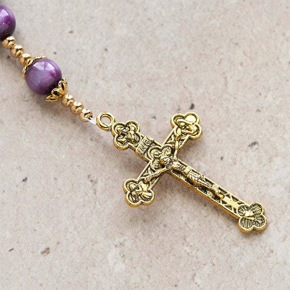  Canvas-Style Shimmery Purple Rosary with Our Lady Gilded Faith Devotion