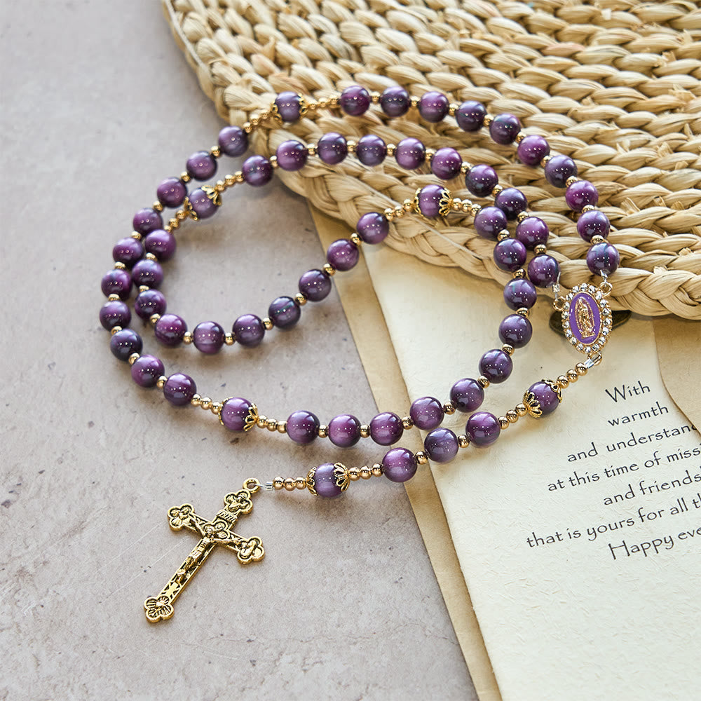  Canvas-Style Shimmery Purple Rosary with Our Lady Gilded Faith Devotion