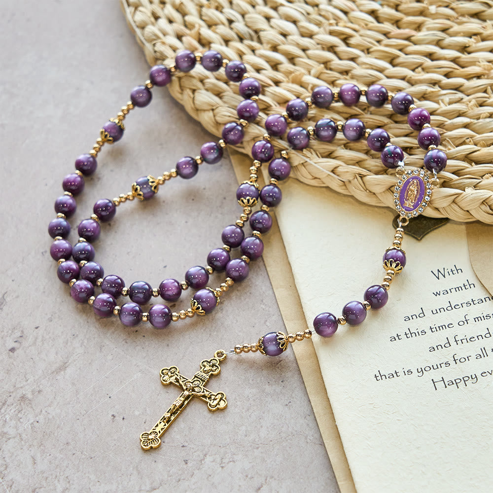  Canvas-Style Shimmery Purple Rosary with Our Lady Gilded Faith Devotion