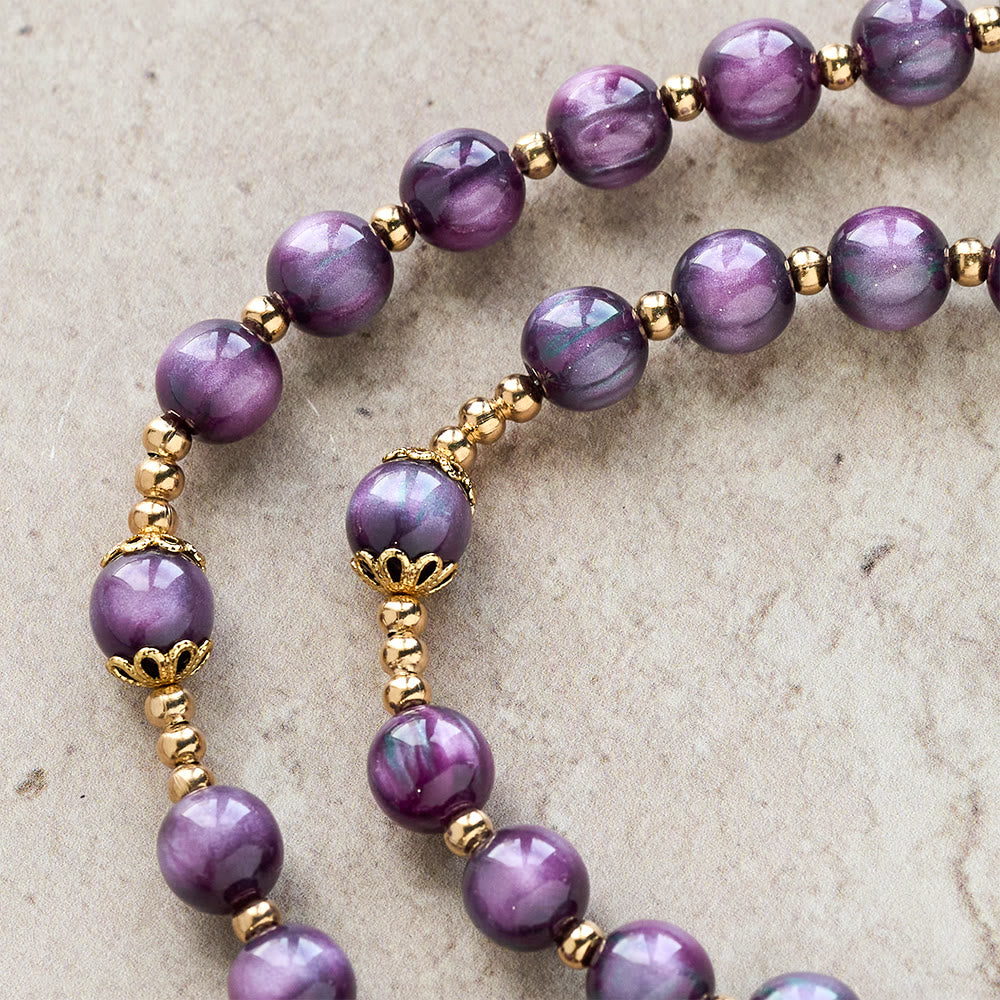  Canvas-Style Shimmery Purple Rosary with Our Lady Gilded Faith Devotion