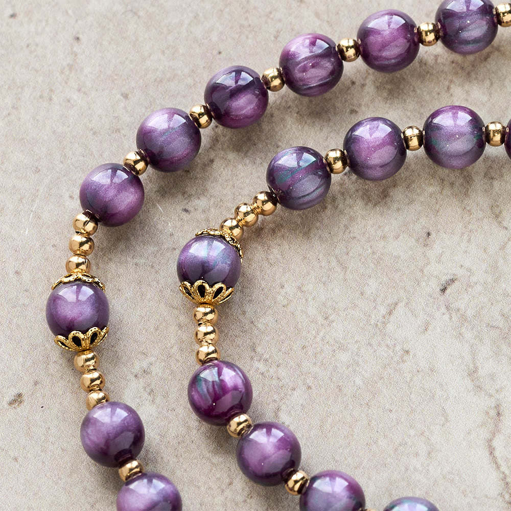  Canvas-Style Shimmery Purple Rosary with Our Lady Gilded Faith Devotion