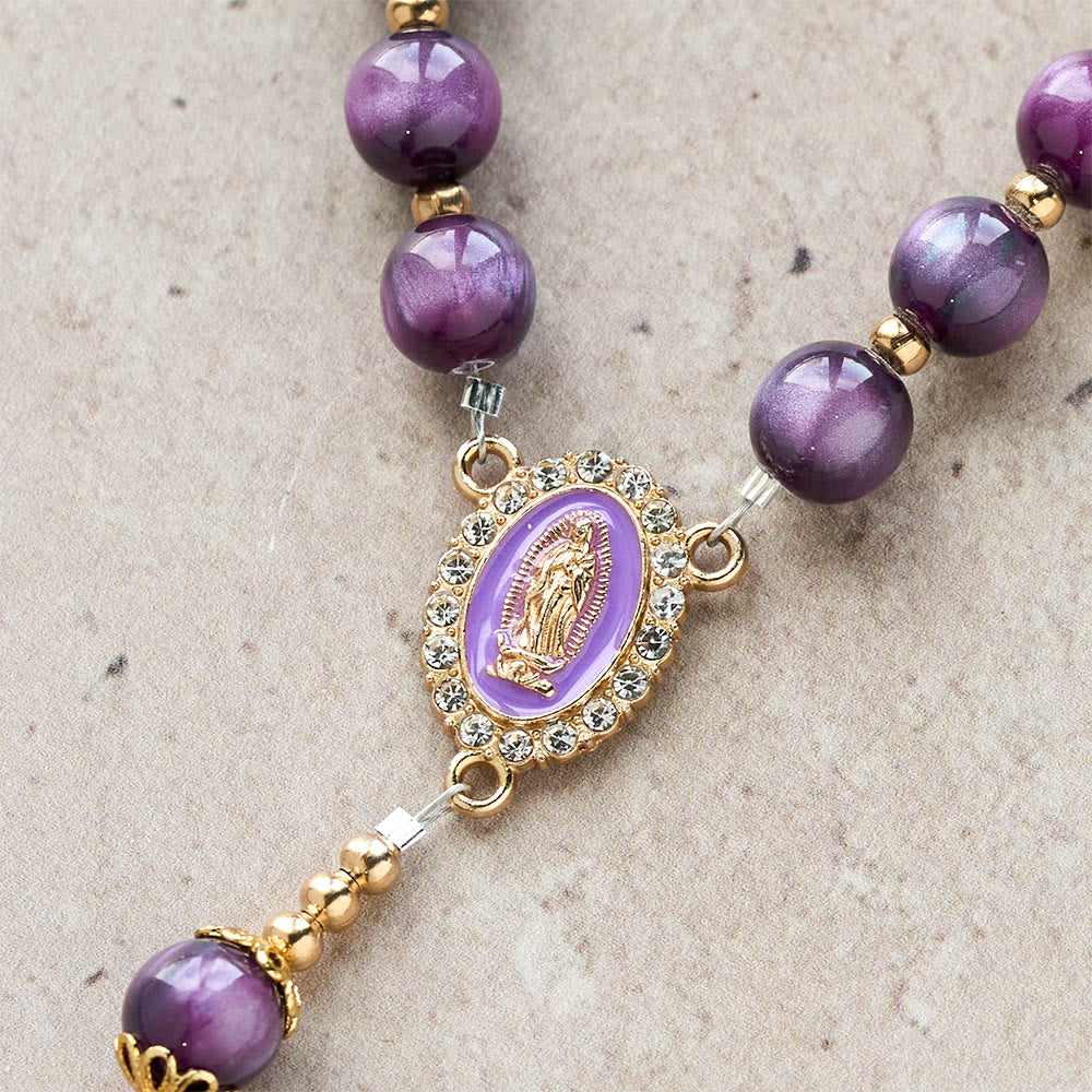  Canvas-Style Shimmery Purple Rosary with Our Lady Gilded Faith Devotion