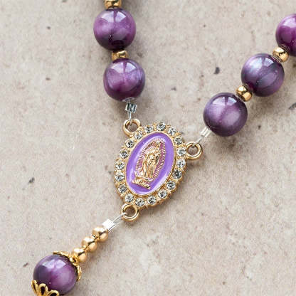  Canvas-Style Shimmery Purple Rosary with Our Lady Gilded Faith Devotion