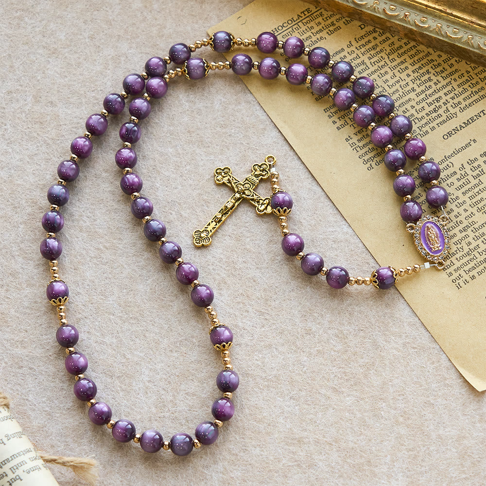  Canvas-Style Shimmery Purple Rosary with Our Lady Gilded Faith Devotion