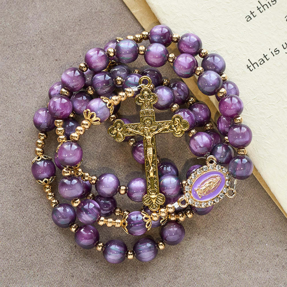  Canvas-Style Shimmery Purple Rosary with Our Lady Gilded Faith Devotion