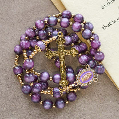  Canvas-Style Shimmery Purple Rosary with Our Lady Gilded Faith Devotion