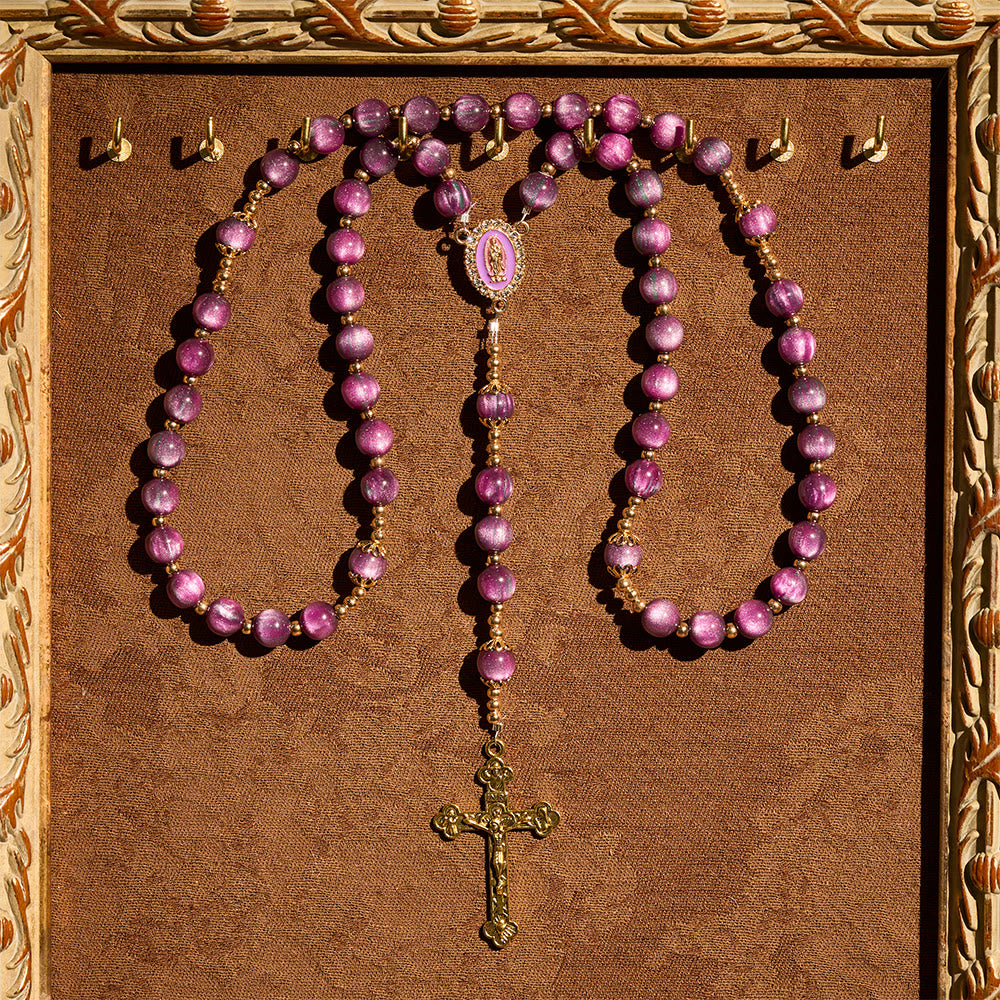  Canvas-Style Shimmery Purple Rosary with Our Lady Gilded Faith Devotion