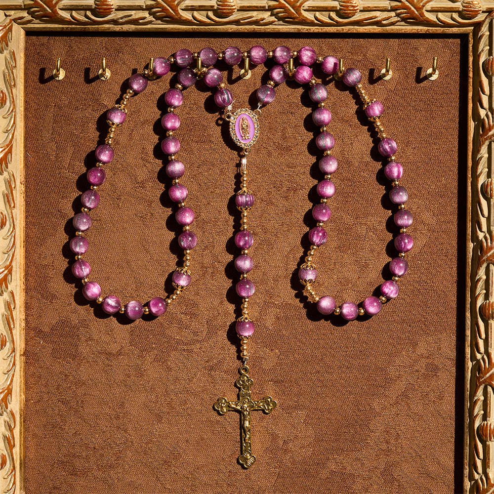  Canvas-Style Shimmery Purple Rosary with Our Lady Gilded Faith Devotion